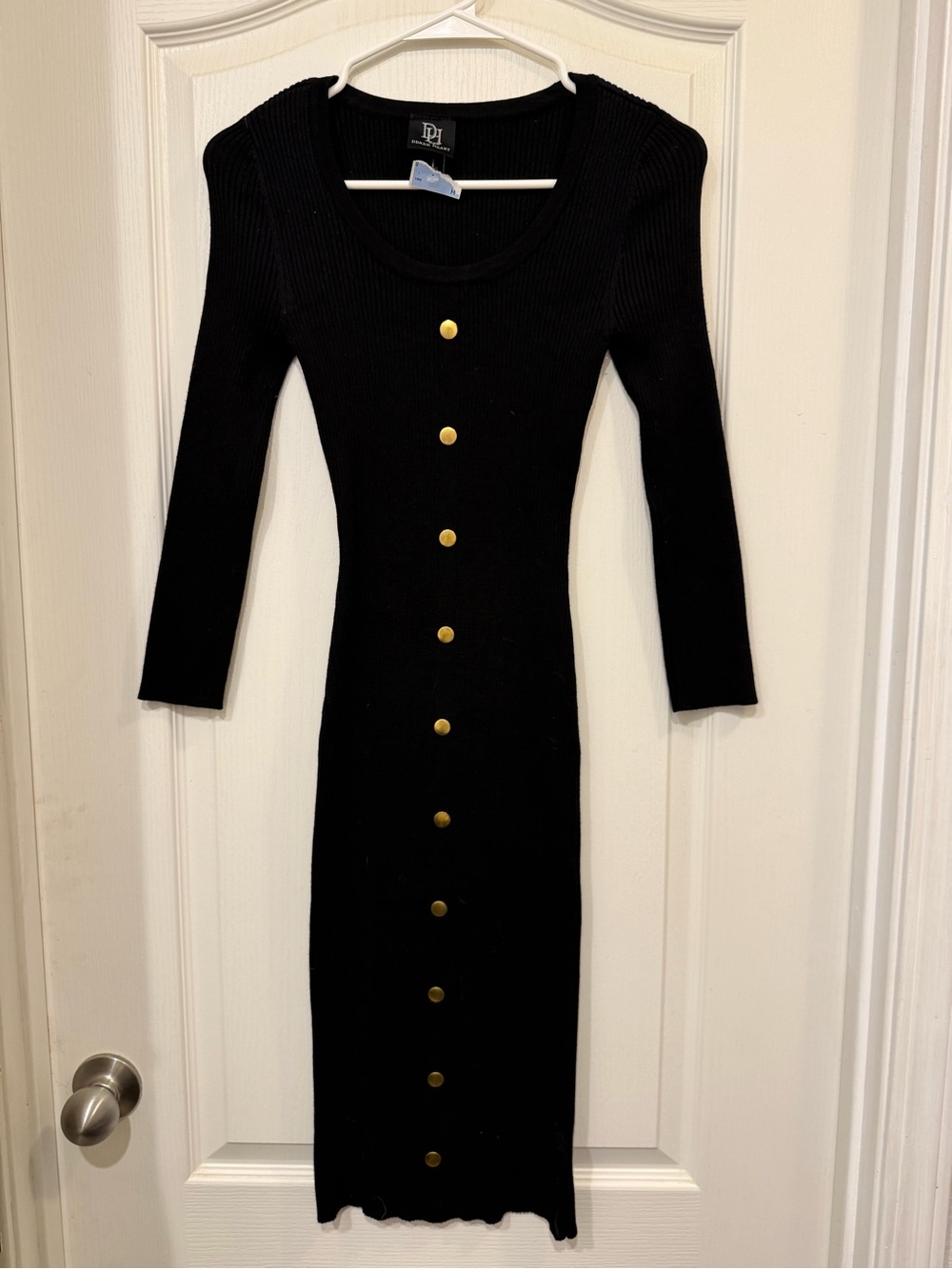 Derek Heart Black Ribbed Knit Gold Button Bodycon Midi Dress Size S